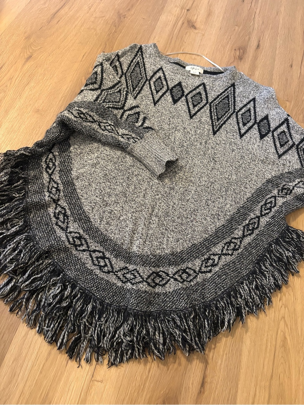 Cozy Grey Fringe Knit Poncho Sweater